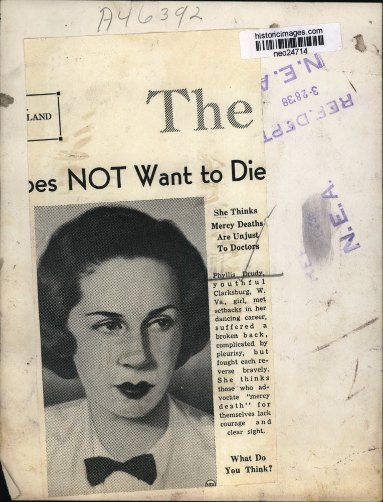 1938 Press Photo Phylls Drudy dancer had Pluerisy & broken Back - neo24714