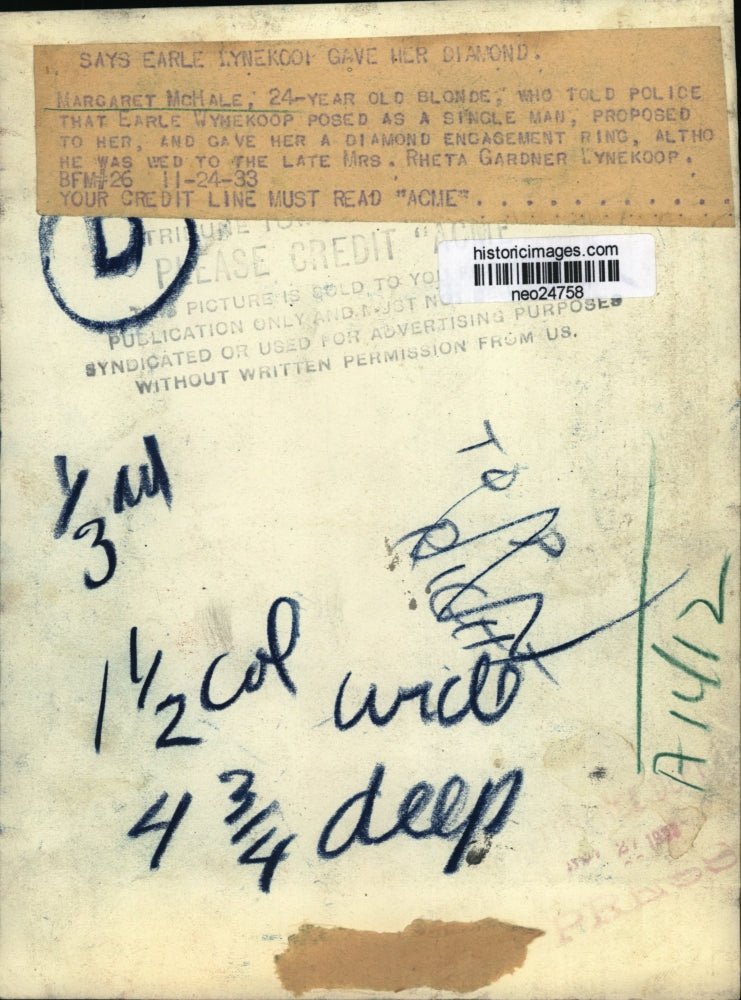 1933 Press Photo Margaret McHale was given diamond ring by Earle Wymekoop