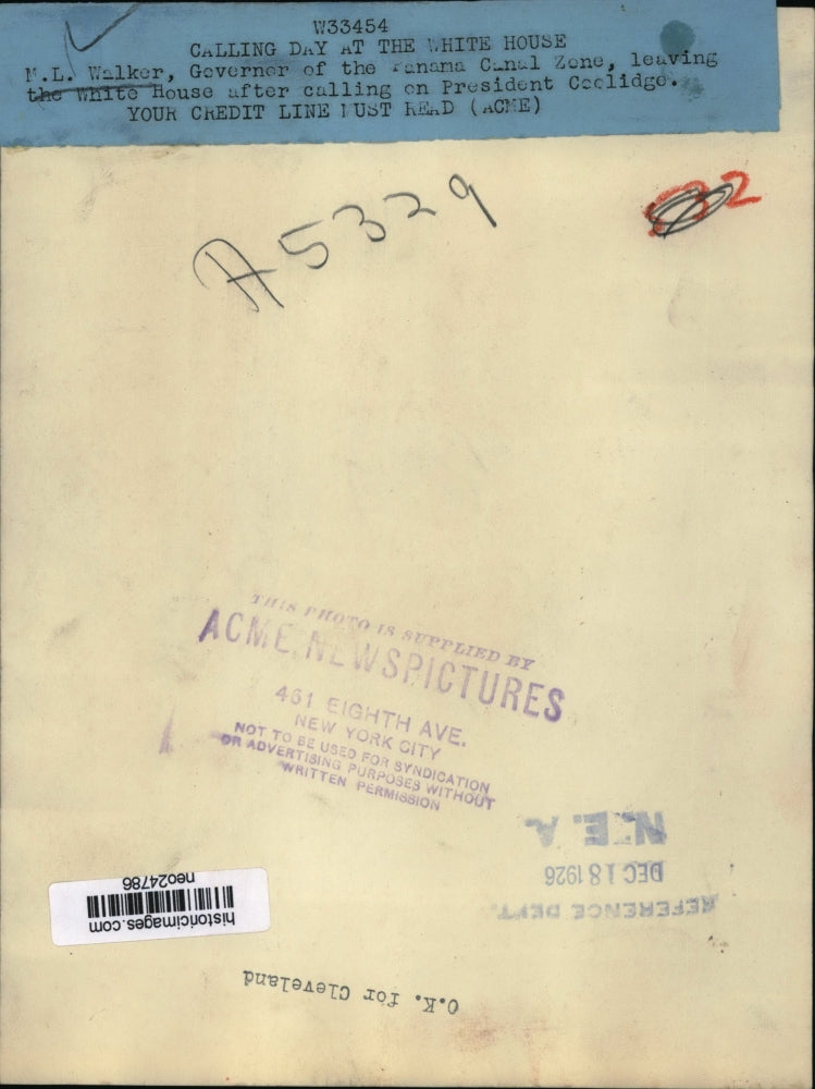 1926 Press Photo P.L. Walker, Panama Canal Zone Governor Leaving White House