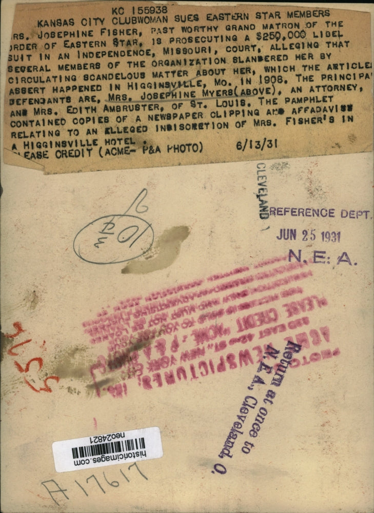 Load image into Gallery viewer, 1931 Press Photo Josephine Myers, Suing Eastern Star Members for Libel
