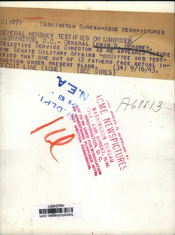 1943 Press Photo General Lewis B. Hershey at Senate Military Affairs Hearing