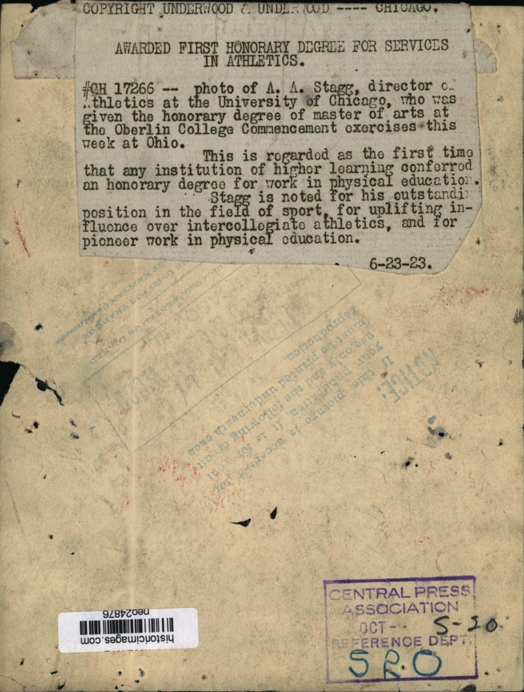 1923 Press Photo A.A. Stagg, Given Oberlin College Honorary Athletics Degree