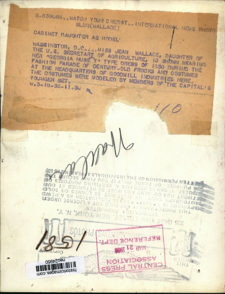 1938 Press Photo Ms Jean Wallace, Daughter of US Secy of Agriculture - neo24950