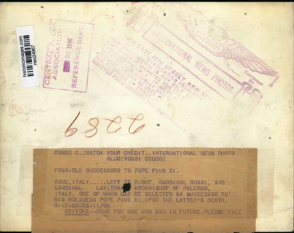 1936 Press Photo Cardinal Rossi & Lavitra, Archbishop of Palermo - neo24967