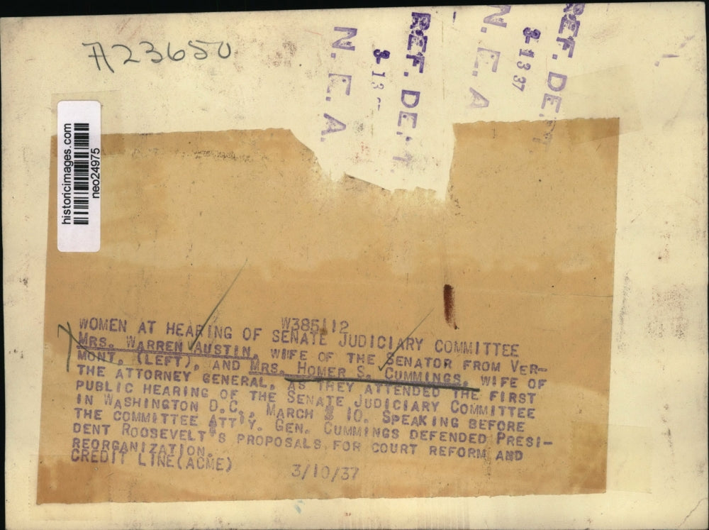 1937 Press Photo Mrs. Warren Austin & Mrs. Homer Cummings at Senate hearing