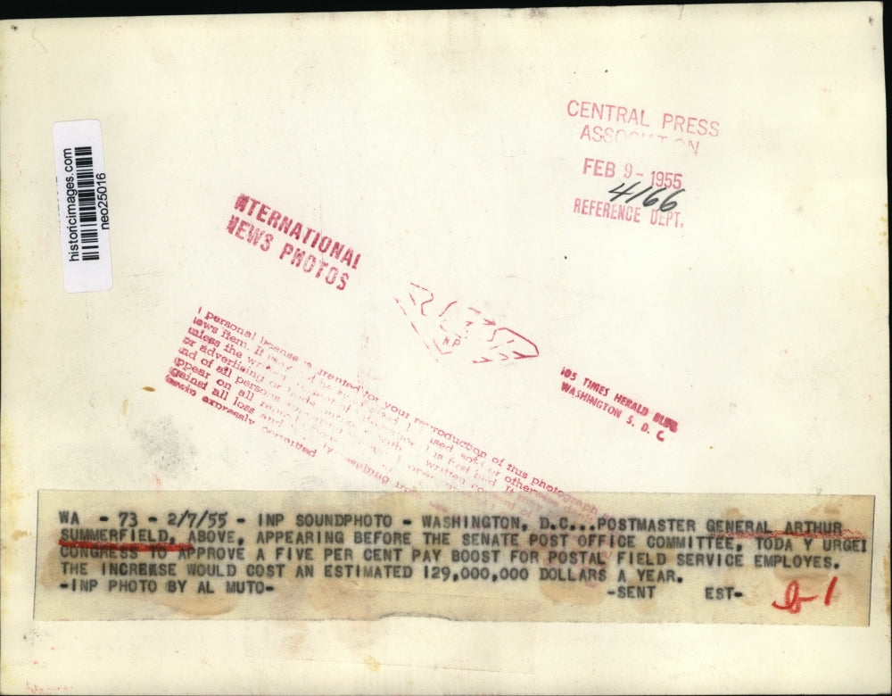 1955 Press Photo Postmaster General Arthur Summerfield Senate Post Committee