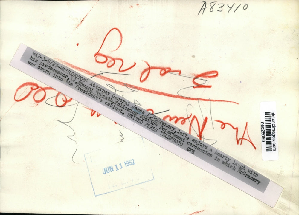 1952 Press Photo Atty Gen. James McGranery with predecessor J. Howard McGrath