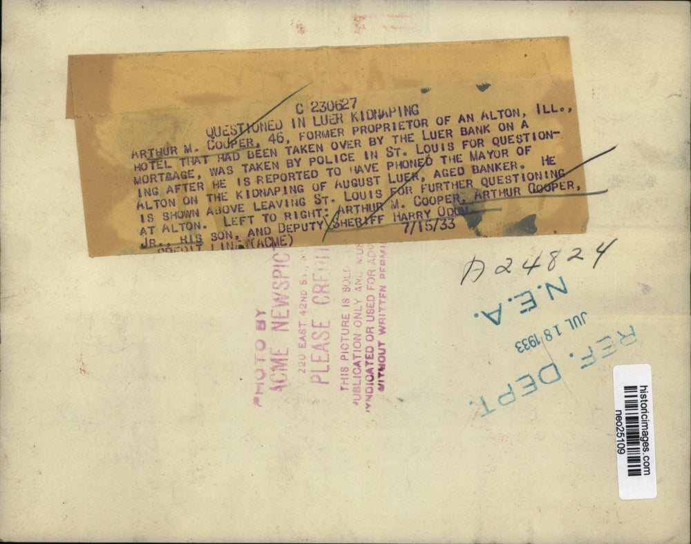 1933 Press Photo Arthur M Cooper, son Art Jt & St Louis Deputy Sheriff H Odum