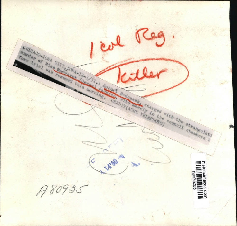 1950 Press Photo Robert Bednasek charged in death of Margaret Jackson in Iowa