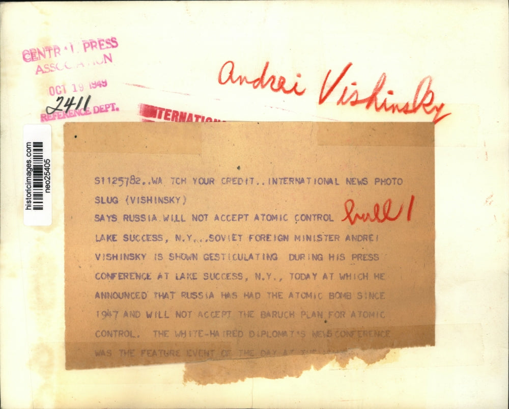 1949 Press Photo Andrei Vishinsky Press Conference, Lake Success, New York