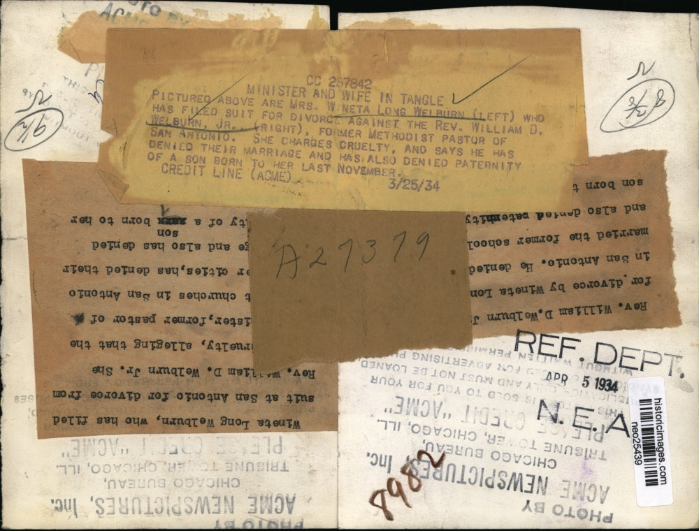 1934 Press Photo Wineta L, Welburn filed divorce against Rev.William Wellburn Jr