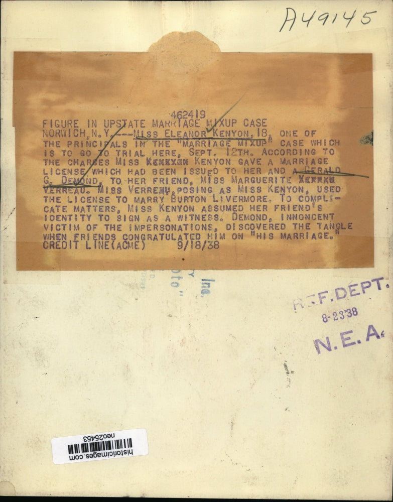 1938 Press Photo Eleanor Kenyon of Marriage Mix up case with Gerald Desmond