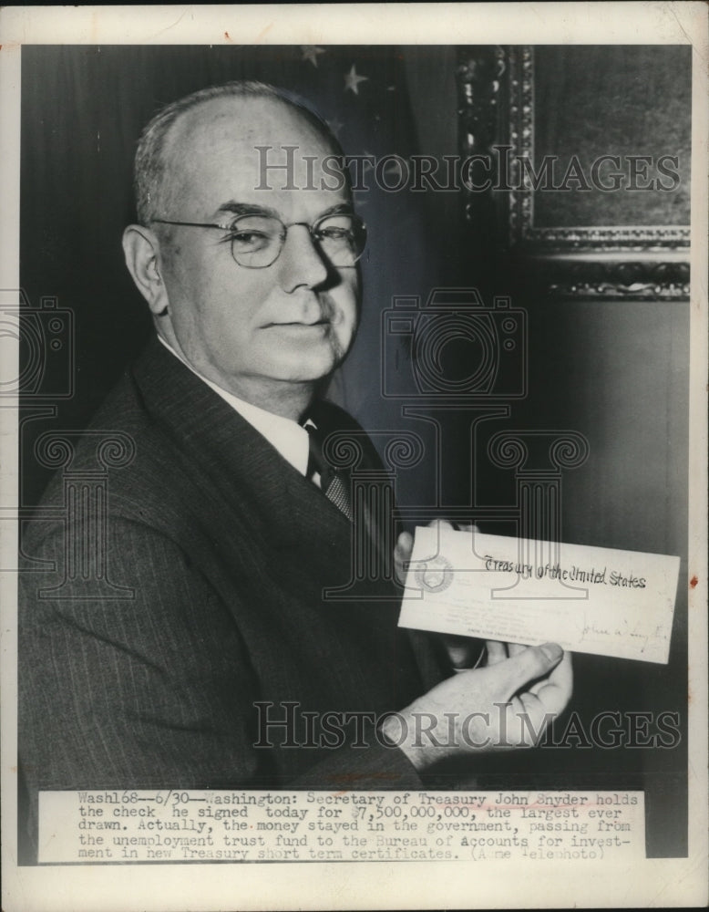 1948 Press Photo Secretary of Treasury John Snyder holds check - neo25485