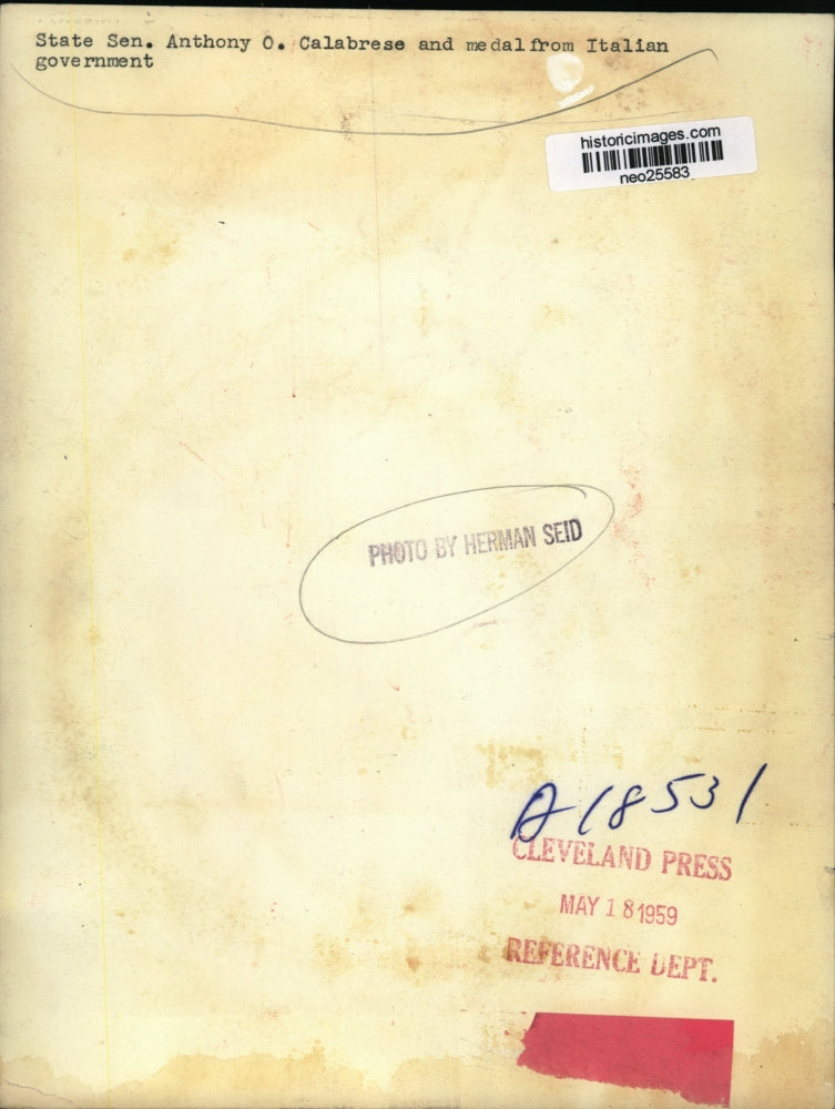 1959 Press Photo Senator Anthony Calabrese w/ Medal from Italian Government