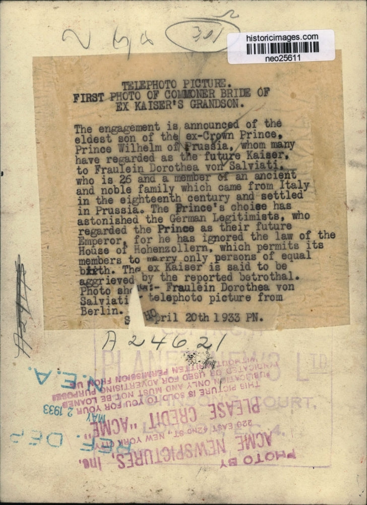 1933 Press Photo Prince Wilhelm of Prussia engaged to Dorothea von Salviati