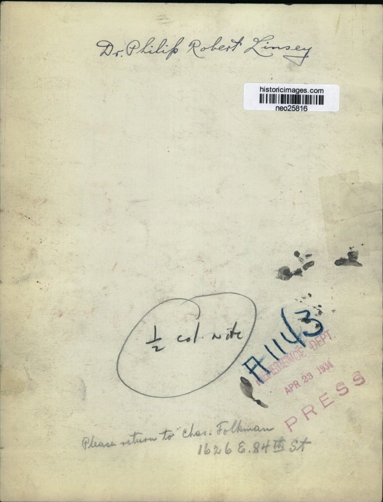 1934 Press Photo Dr. Philip Robert Linsey - neo25816