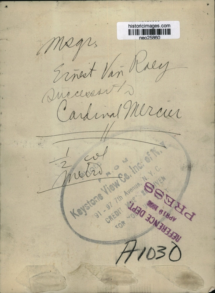 1926 Press Photo Msgr Ernest Van Raey successor to Cardinal Mercur - neo25860