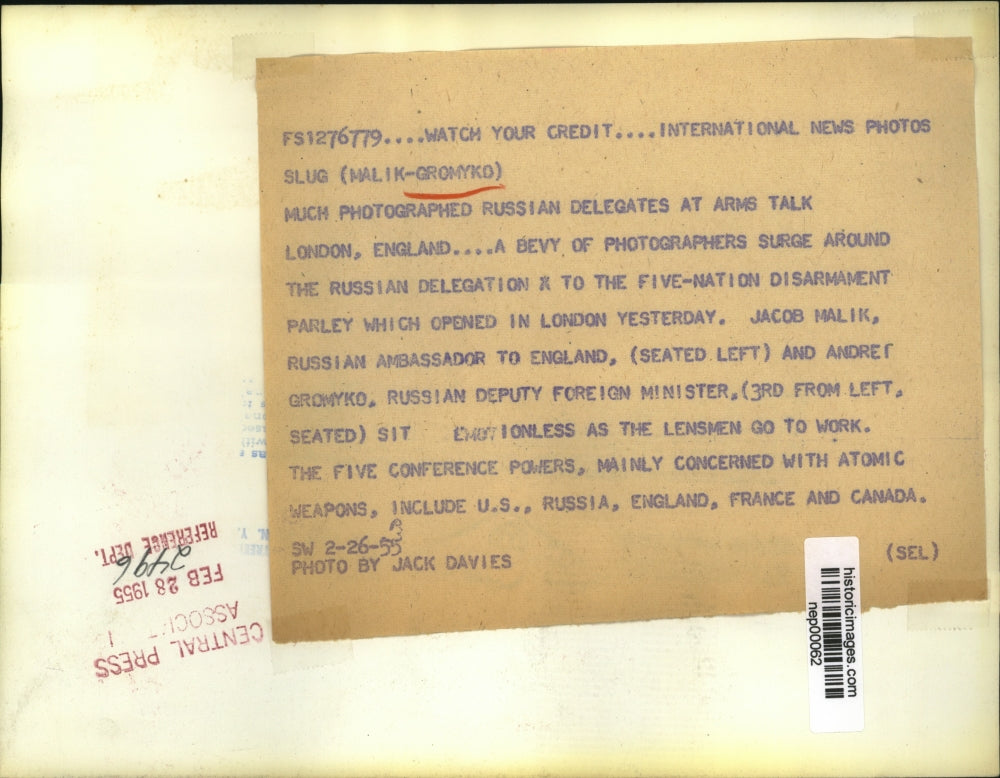 1955 Press Photo Russians at London arms talks Jacob Malik, Andre Gromyko