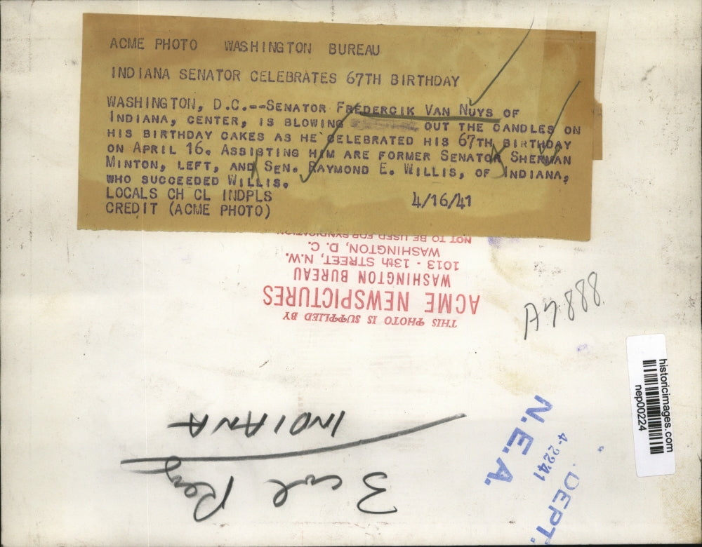 1941 Press Photo Senator Frederick Van Nuys of IND 67th birthday - nep00224
