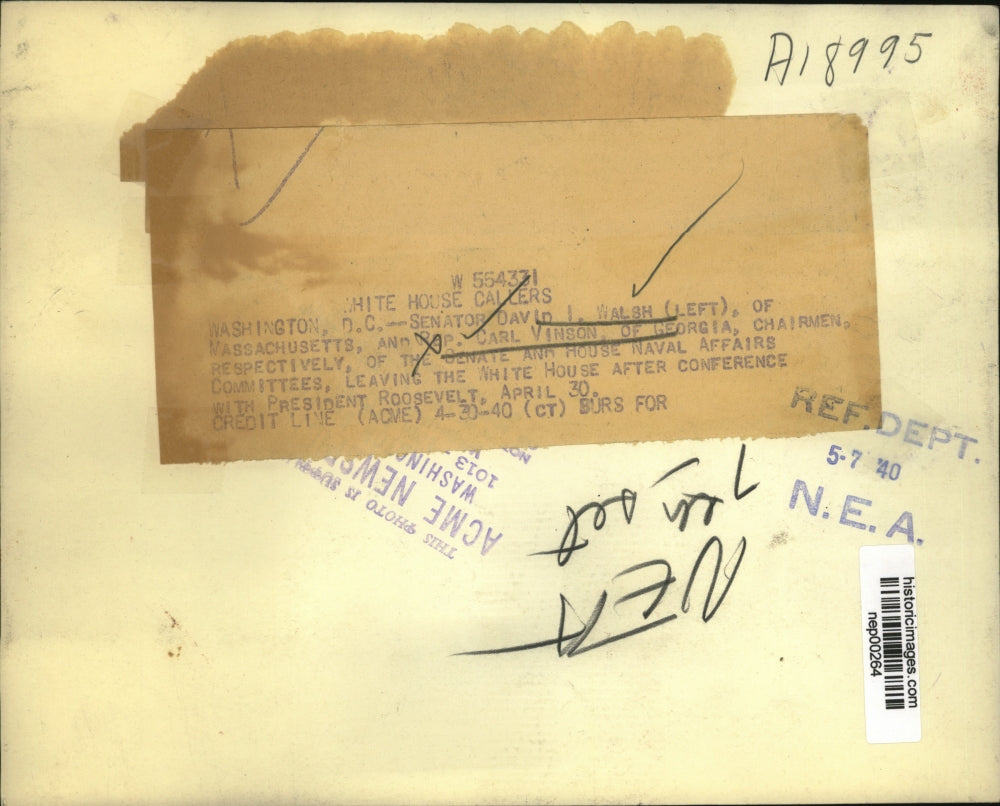 1940 Press Photo MA Senator David Walsh, GA Rep Carl Vinson in DC - nep00264