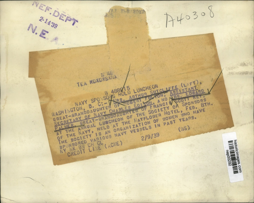 1939 Press Photo Mrs Arthur Sutcliffe, Asst Navy Secretary Charles Edison