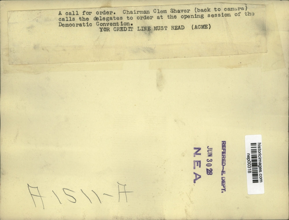 1928 Press Photo Democratic National Convention Chairman Clem Shaver - nep00318