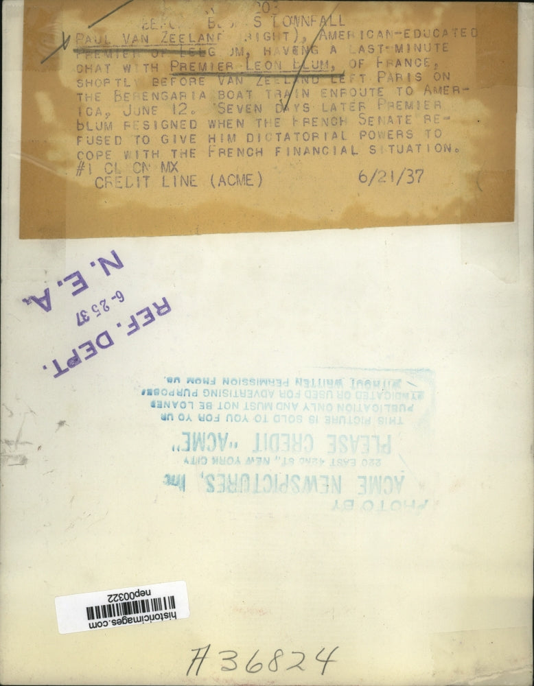 1937 Press Photo Belgium Premier Paul Van Zeeland, French Premier Leon Blum