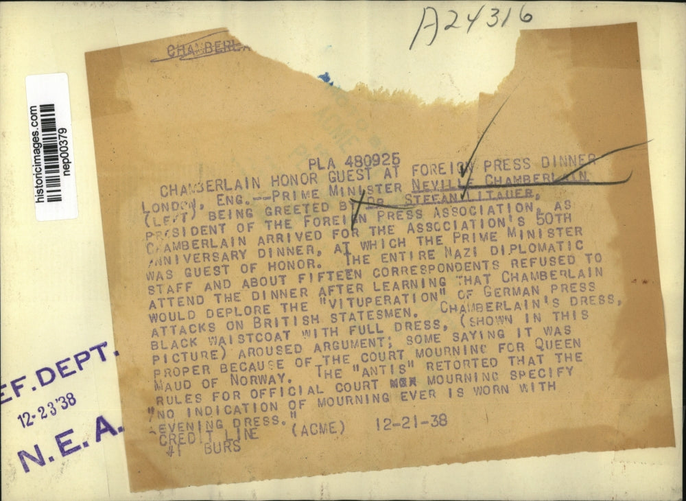 1938 Press Photo Prime Minister Neville Chamberlain, Dr Stefan Litauer