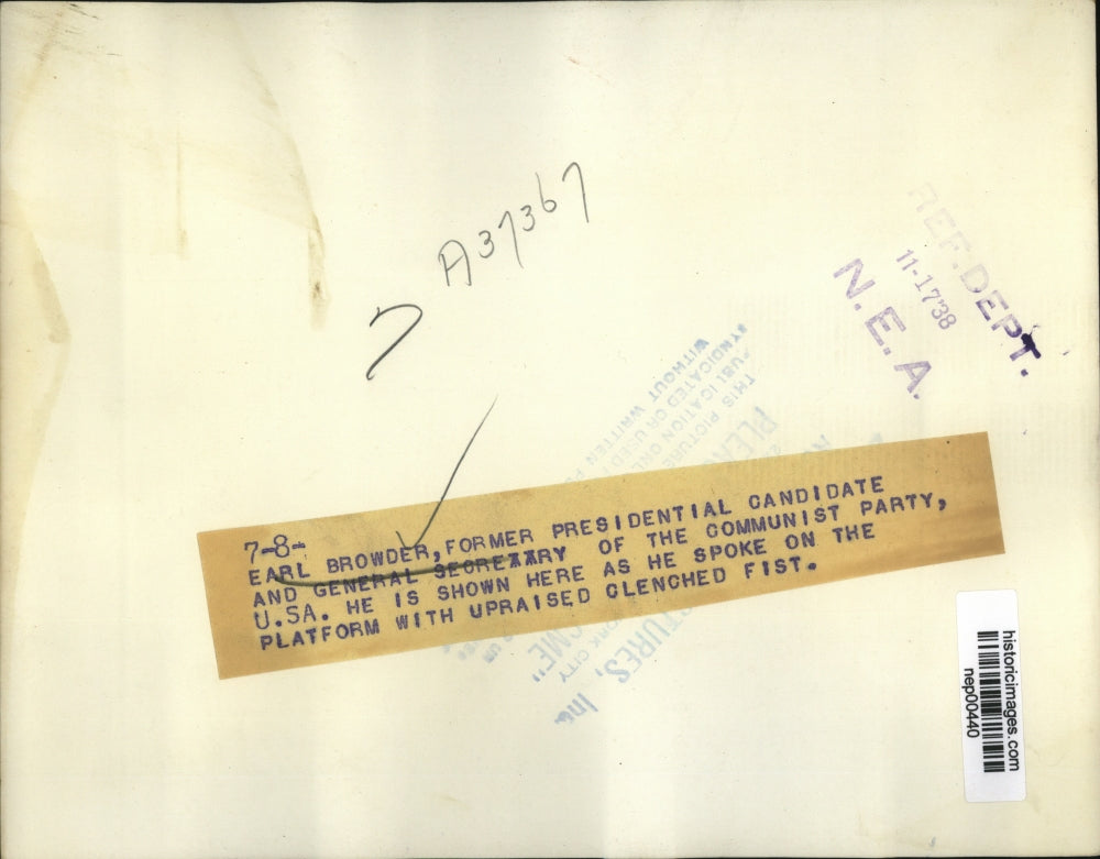 1938 Press Photo Earl Browder ex Presidential candidate of Communist Party