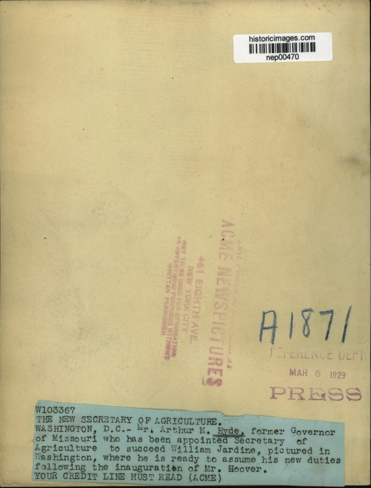 1929 Press Photo Arthur M Hyde Agriculture Secretary in Washington DC