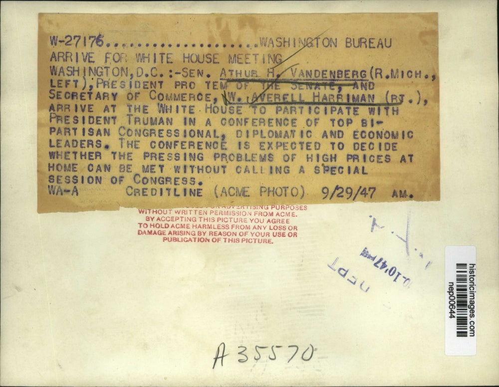 1947 Press Photo Commerce Secretary Averell Harriman, Senator Art Vandenberg