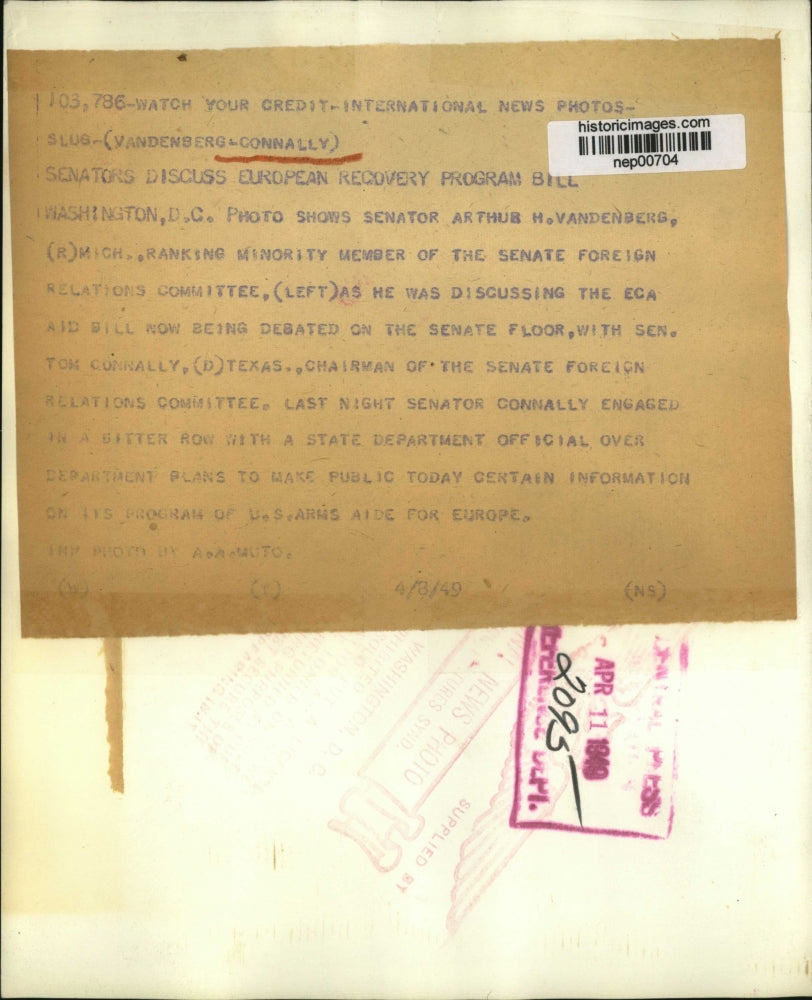 1949 Press Photo Michigan Senator Arthur Vandenberg & Sen Tom Connally of TX