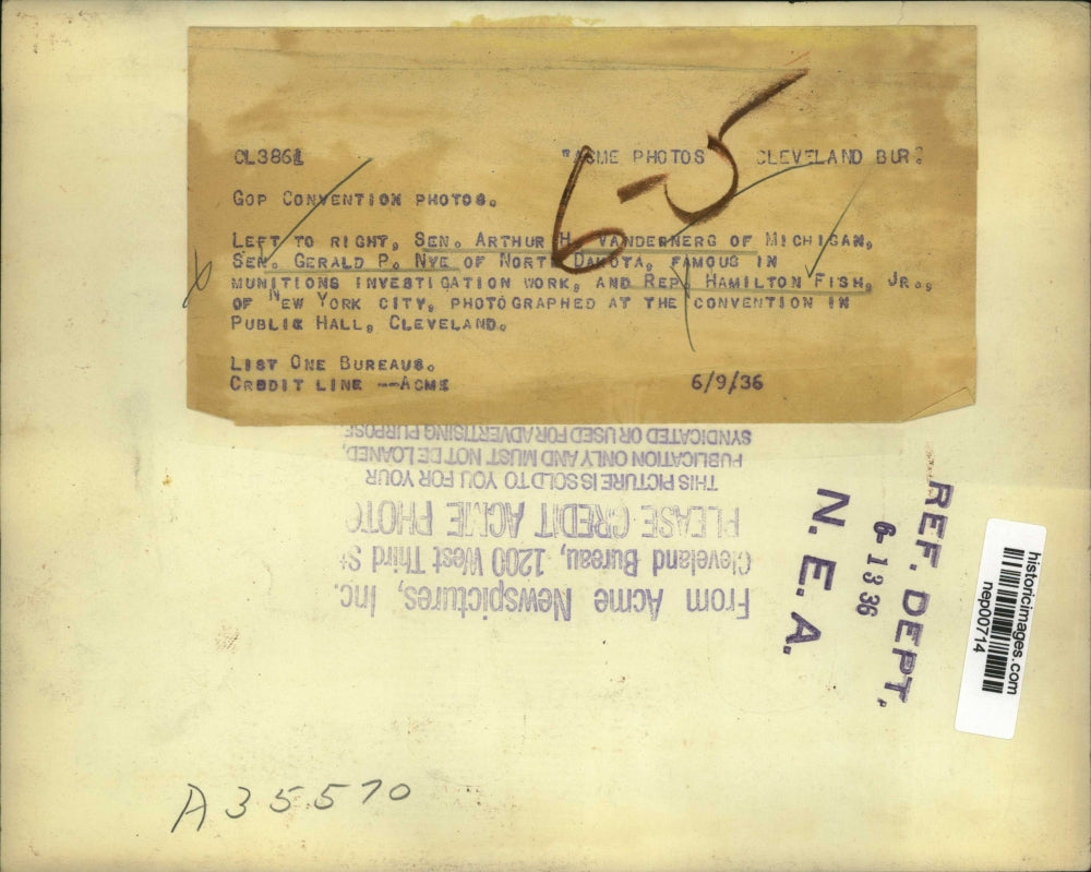 1936 Press Photo Senators Arthur Vandenberg, Gerald Nye & Rep Hamilton Fish Jr