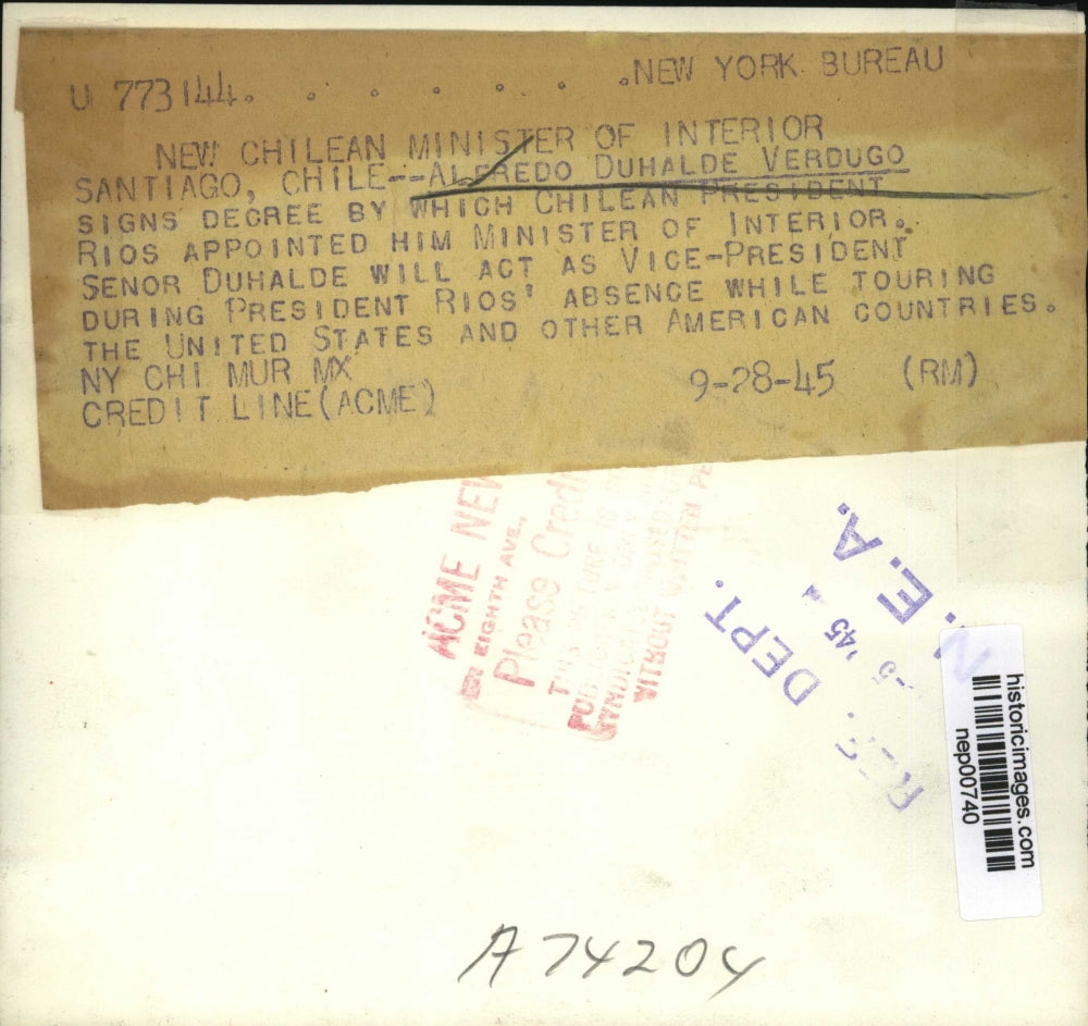 1945 Press Photo Chilean Alfredo Duhalde Verdugo new Interior Minister