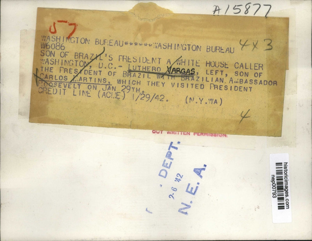 1942 Press Photo Luthero Vargas & Brazil ambassador Carlos Martins - nep00793