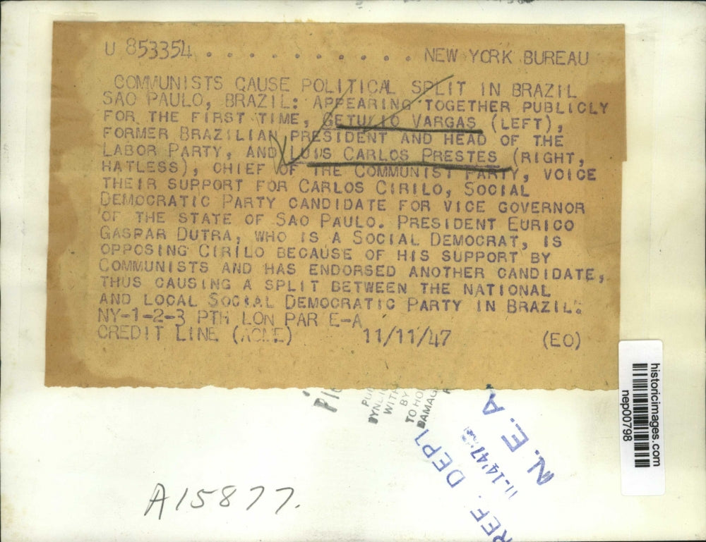 1947 Press Photo Former Brazilian President Gethulio Vargas, Luis Carlos Prestes