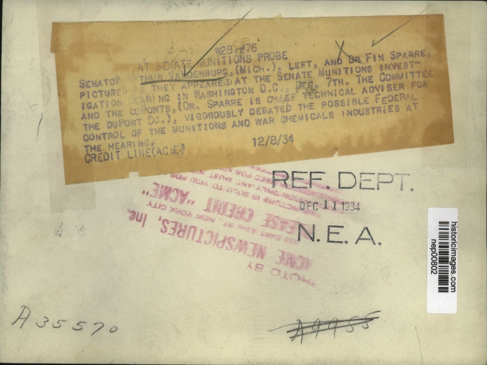 1934 Press Photo Mi Sen Arthur Vandenberg, Dr Fin Sparre at Munitions hearing