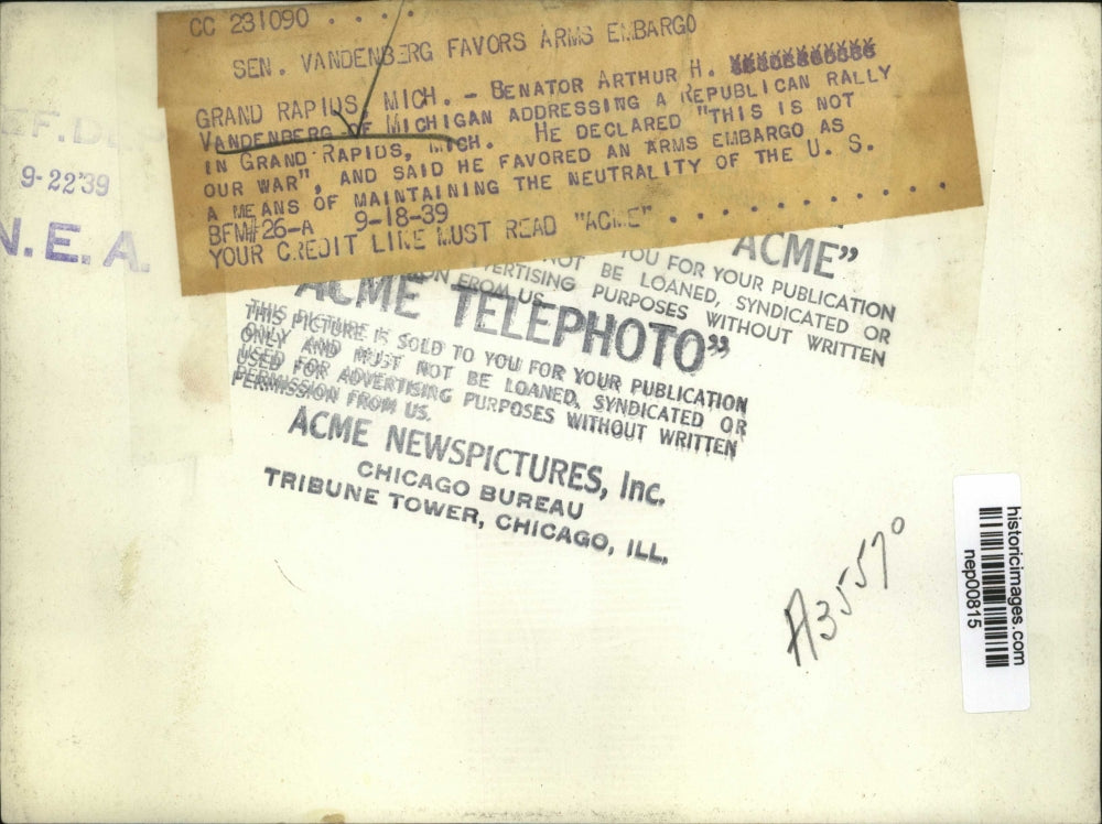 1939 Press Photo Senator Arthur Vandenberg of Michigan at Grand Rapids