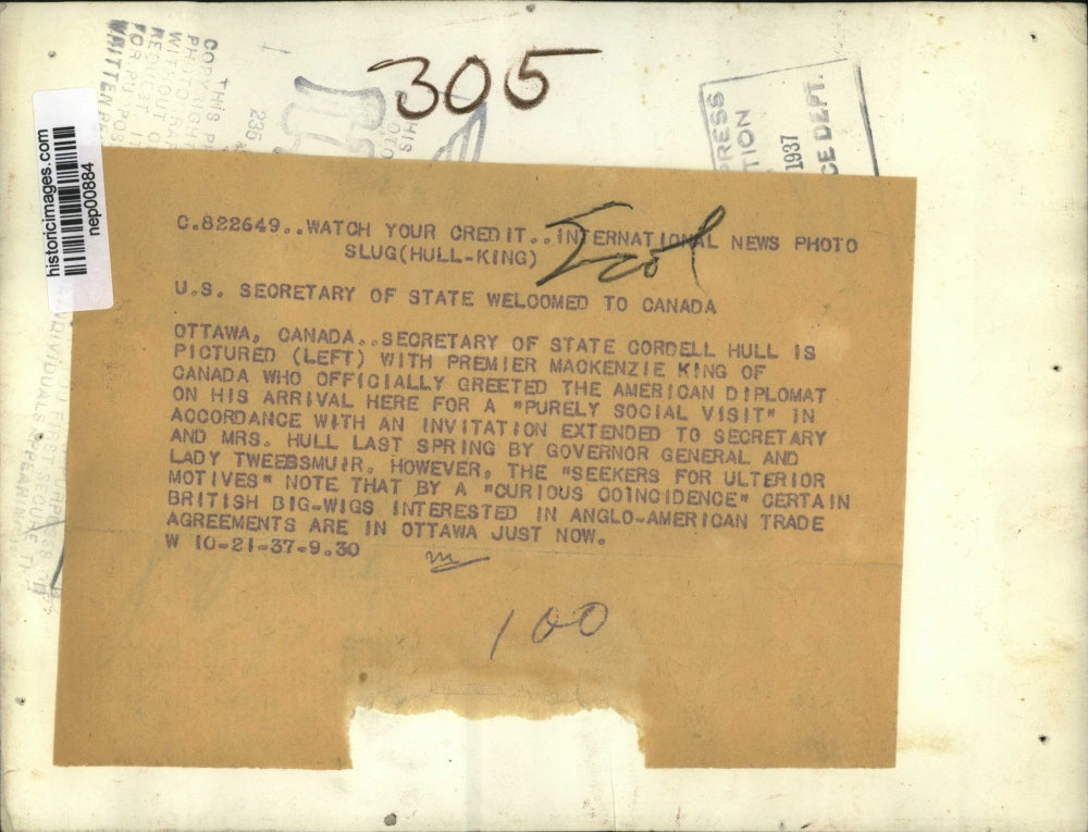 1937 Press Photo Secretary of State Cordell Hull, Canadian Mackenzie King