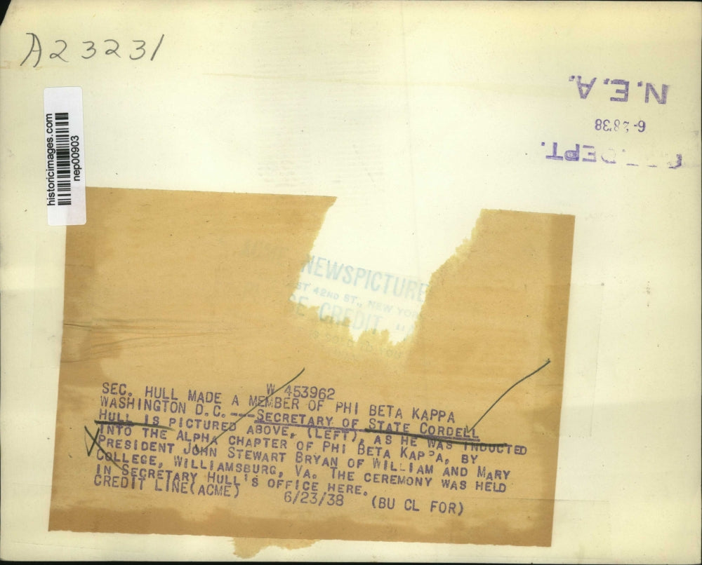 1938 Press Photo Secy of State Cordell Hull William & Mary College's John Bryan