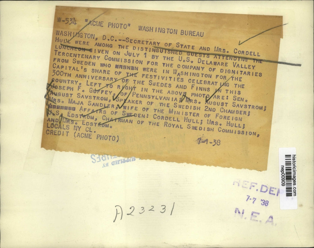 1938 Press Photo Secretary of State & Mrs Cordell Hull at DC function