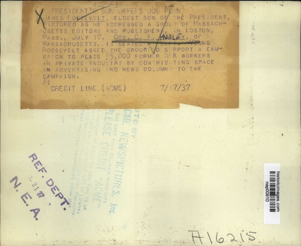 1937 Press Photo MA Governor CP Hubley & President's son James Roosevelt