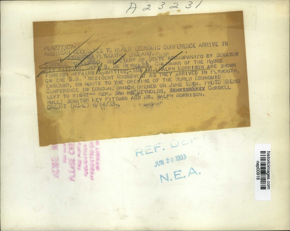 1933 Press Photo Secy of State Cordell Hull, Sen Key Pittman, Rep S McReynolds