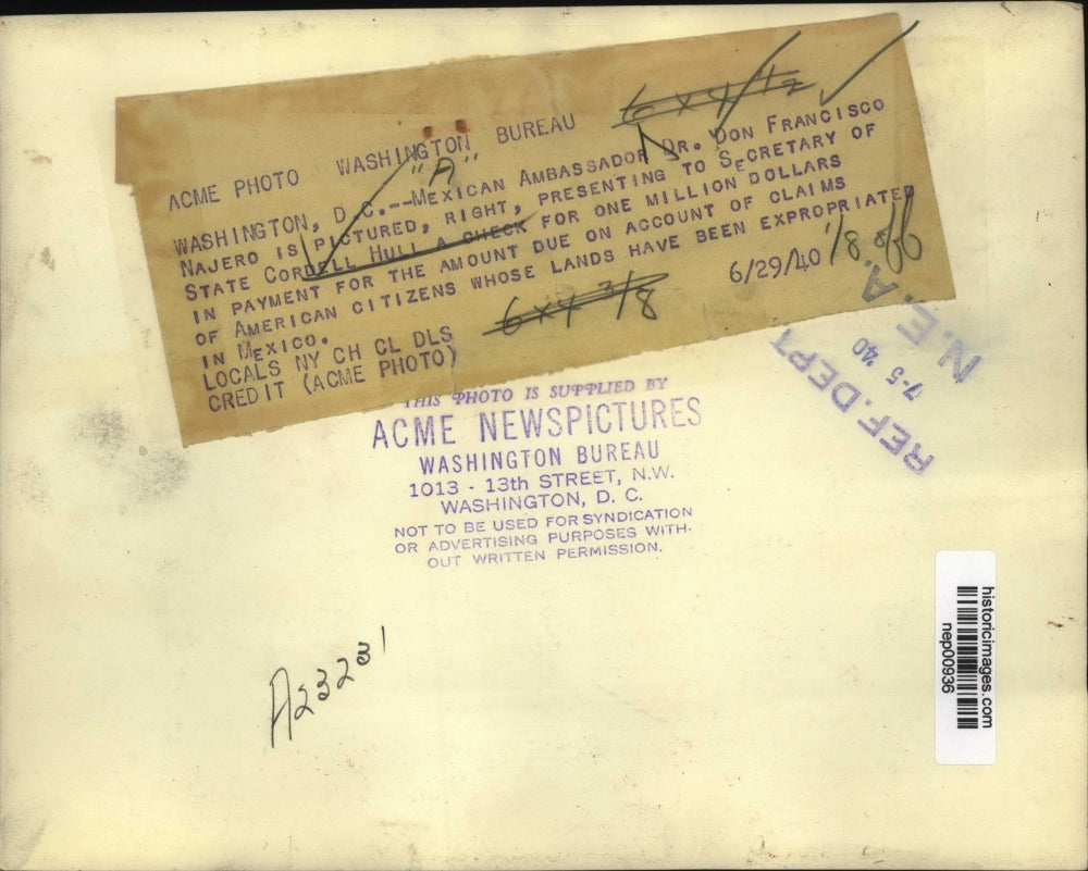 1940 Press Photo Secretary of State Cordell Hull, Mexican Amb Dr Don F Najero