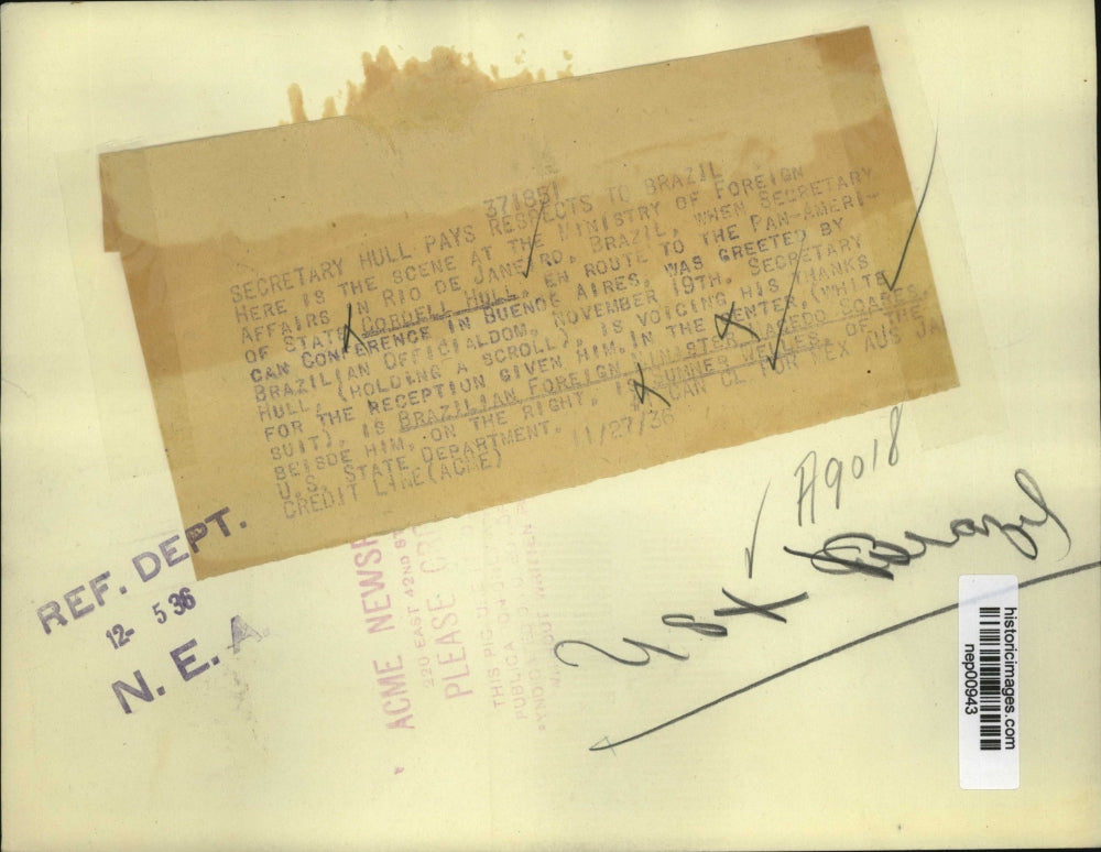 1936 Press Photo Secretary of State Cordell Hull, Brazil's Macedo Scares