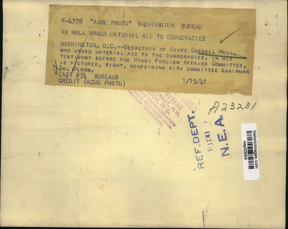 1941 Press Photo Secretary of State Cordell Hull & Rep Sol Bloom of NY