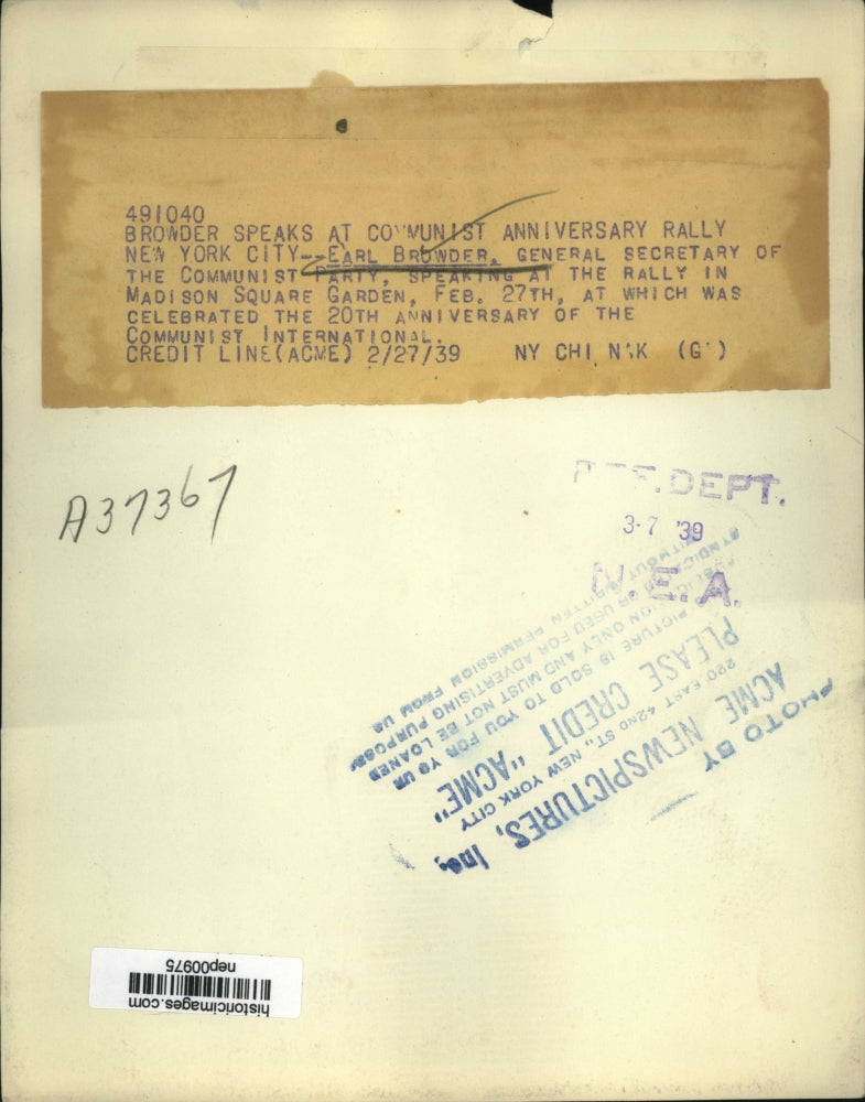 1939 Press Photo US Communist Party, Earl Browder Presidential candidate