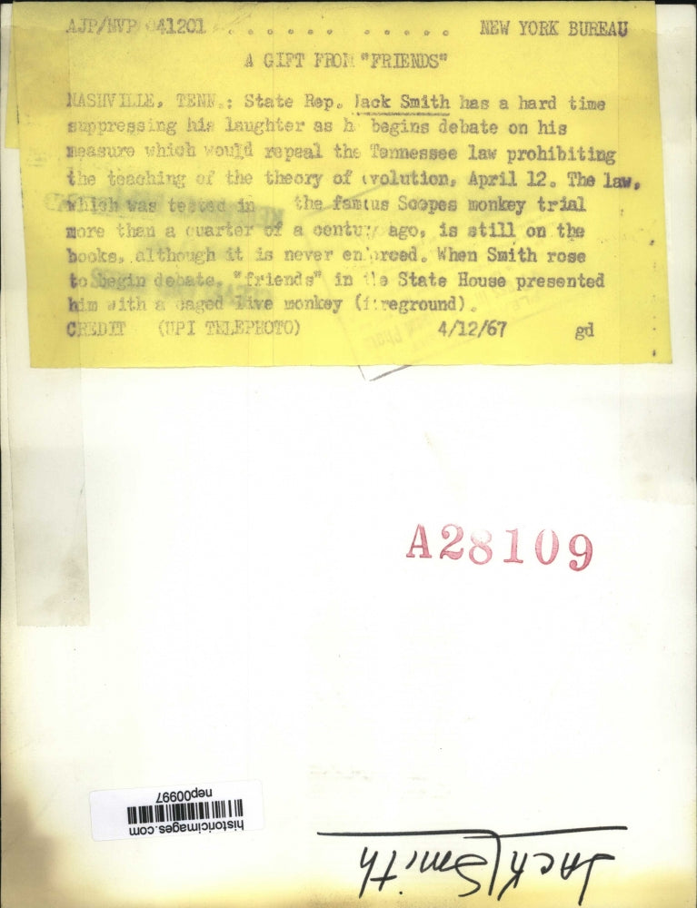 1967 Press Photo State Rep Jack Smith at Nashville Tenneessee - nep00997