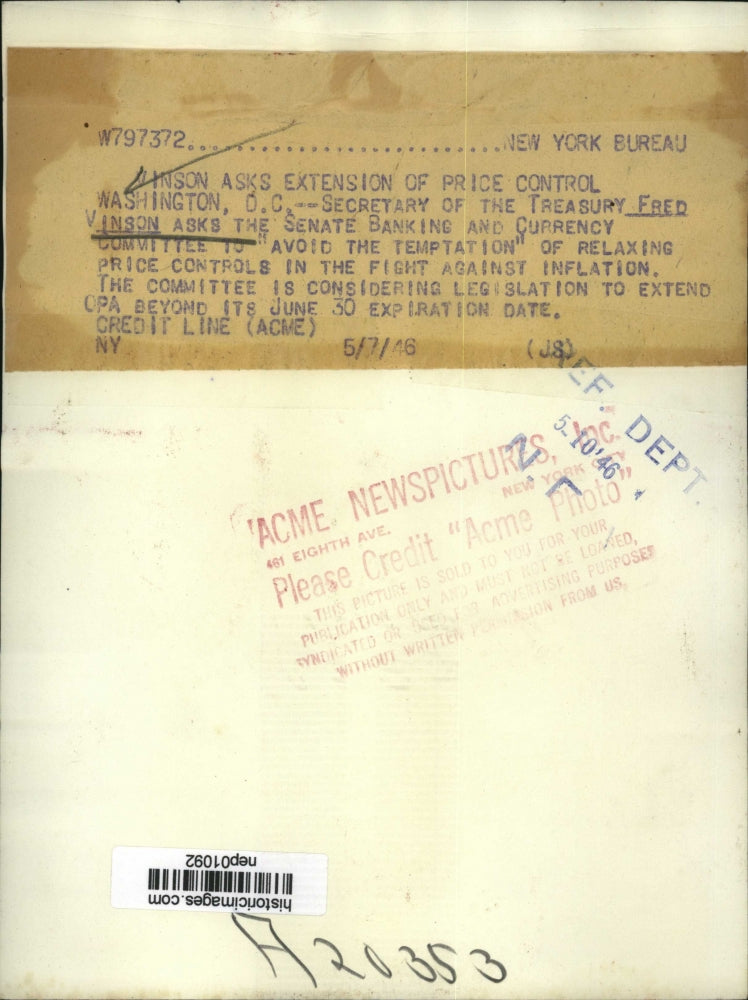 1946 Press Photo Treasury Secretary Fred M Vinson at Senate Banking hearing