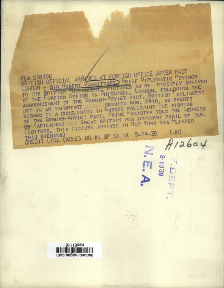 1939 Press Photo Sir Robert Vansuttart Diplomatic advisor of Britain - nep01116